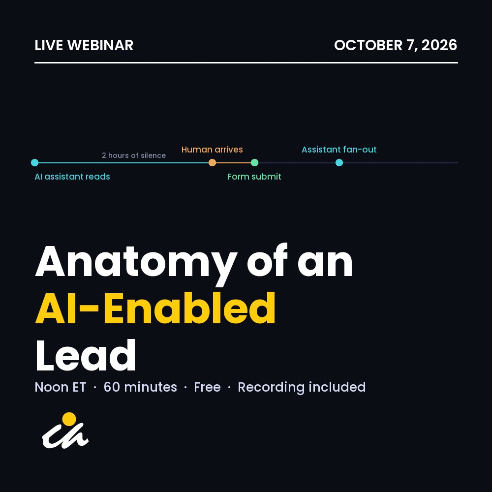 Anatomy of an AI-Enabled Lead: live webinar on October 7, 2026 at noon ET. A timeline of an AI assistant reading a site, a human visit and a form submit.