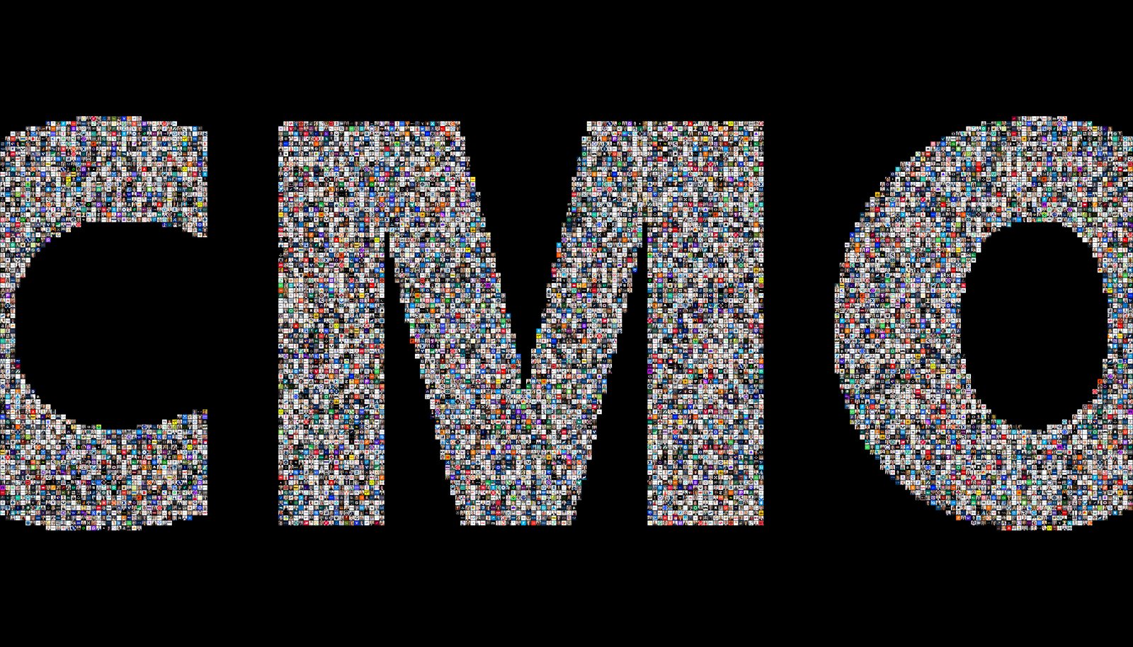 The letters CMO composed of thousands of tiny portraits and company logos on a black ground.